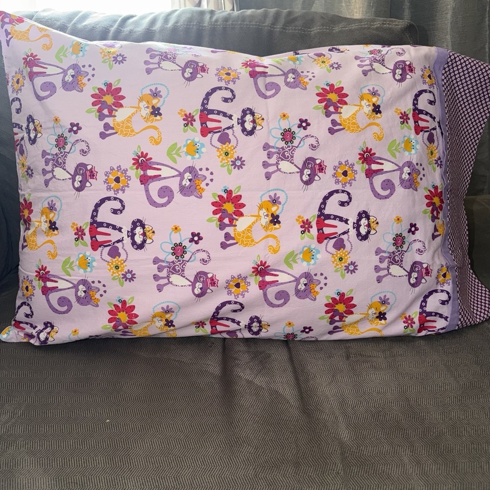 Handmade Cat Pillowcase Purple Floral Cute Kids Bedding Cartoon Soft Gift